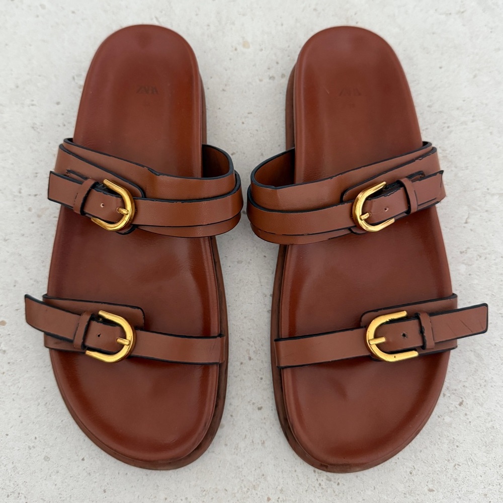 Zara Tan Leather Slide Sandals with Gold Buckles - Picture 3 of 5